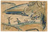 Otto Mueller, Badende am See (Meereslandschaft), Circa 1925, Pen and ink and coloured chalk on a postcard