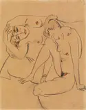 Max Pechstein, Zwei weibliche Akte, 1918, Black chalk drawing and watercolour on packing paper