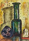 Grosses Glas und Masken by Karl Schmidt-Rottluff, 1965, Watercolour and India ink on pale yellow, slightly textured laid watercolour paper, sold Nov 2014