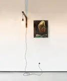 Thomas Zipp, H.T.H., 2009, 2-part work: acrylic and oil on canvas as well as a wall light made of wood and cable with plug and light bulb