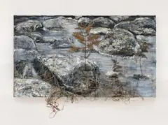 Anselm Kiefer, Geheimnis der Farne, 1996-2000, Oil, emulsion, acrylic, chalk, branches, resin coated fern, plaster, shellac, clay, barb wire on canvas. Approx