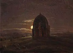 German School circa 1830, A Moonlit Landscape with a Temple, Oil on canvas