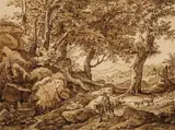 Carl August Reinhart, A Horseman in a Rocky Landscape, Brown ink and wash, mounted on laid paper