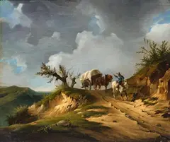 German School circa 1830, Landscape with a Horseman and Carriage, Oil on canvas