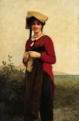 Jules Lefebvre, An Italian Lady Knitting, Oil on panel