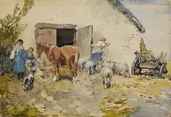 Gregor von Bochmann, Farm with a Horse and Sheep, Watercolour on paper, mounted on cardboard