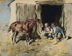Resting by a Stable by Gregor von Bochmann, Watercolour, sold Nov 2014