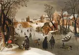 Sebastiaan Vrancx, A Winter Landscape with Skaters on a Frozen Canal, Oil on panel