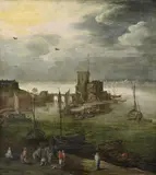 Harbour Scene with Fishermen by Joos de Momper Jan Brueghel the Younger, Oil on panel mounted on another panel, sold Nov 2014