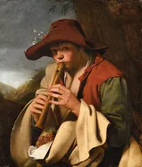 attributed to Jan Miel, Boy Playing a Flute (Il Pifferaio), Oil on canvas (relined)