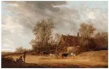 Salomon van Ruysdael, A Village Street with a Herd of Cows by an Inn, Oil on panel