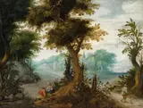 Landscape with Two Reclining Peasants by Flemish School of the 17th century, Oil on panel (parquetted), sold Nov 2014