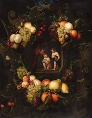 attributed to Joris van Son, Three Putti with Vanitas Symbols within a Decorated Cartouche, Oil on canvas