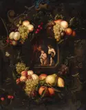 attributed to Joris van Son, Three Putti with Vanitas Symbols within a Decorated Cartouche, Oil on canvas