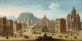 Juan Salvador Ruiz, A Fanciful Palace with a Fountain, Church and Figures, Oil on copper