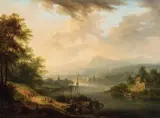 Dawn: Rhenish Landscape with Travellers and a Ferry Dusk: Rhenish Landscape with Castle and Ferry by Christian Georg Schütz the Younger, Oil on panel. Each, sold Nov 2014