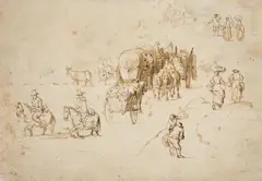 Jan Brueghel the Elder, Sketches of Covered Wagons and Figures, Brown ink and was