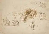 Jan Brueghel the Elder, Sketches of Covered Wagons and Figures, Brown ink and was
