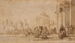 Figures before Classical Architecture by Jacob van der Ulft, Brown ink and wash on backed paper, sold Nov 2014