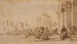 Jacob van der Ulft, Figures before Classical Architecture, Brown ink and wash on backed paper