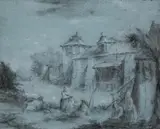 Landscape with a Farmstead and Figures by French School of the 18th century, Black chalk on tinted paper, mounted on laid paper, sold Nov 2014