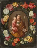 Saint Joseph and the Christ Child in a Floral Wreath by Flemish School of the 17th century, Oil on copper, sold Sep 2014