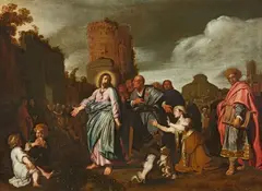 attributed to Pieter Lastman, Jesus and the Woman Taken in Adultery, Oil on canvas (relined)
