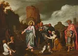 attributed to Pieter Lastman, Jesus and the Woman Taken in Adultery, Oil on canvas (relined)