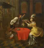 The Proposal by in the manner of Jan van Mieris, Oil on canvas (relined), sold Sep 2014