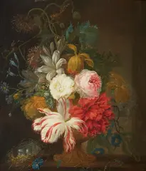Netherlandish School circa 1700, Still Life with a Vase of Flowers and a Bird's Nest, Oil on panel