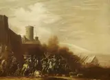 attributed to Georg Philipp Rugendas the Elder, Cavalry at the City Gates, Oil on canvas (relined)