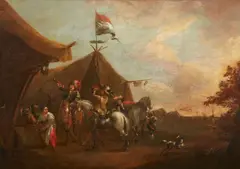 attributed to Dirck Stoop, Cavalrymen by a Tent, Oil on panel (parquetted)