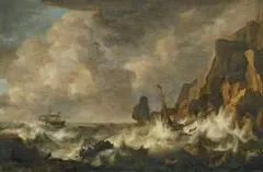 attributed to Simon de Vlieger, The Shipwreck, Oil on panel (parquetted)