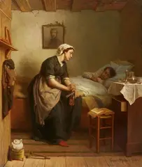 Fridolin Becker, The Sick Child, Oil on canvas