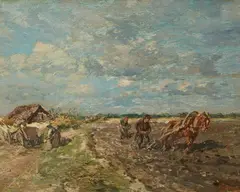 Landscape with Ploughmen by Gregor von Bochmann, Oil on panel, sold Sep 2014