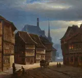 Georg Heinrich Crola, Wernigerode Marketplace by Night, Oil on canvas