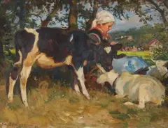 Young Girl Under a Tree With a Calf and Goats by Julius Paul Junghanns, Oil on canvas, offered Sep 2014