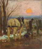 Julius Paul Junghanns, A Farmer and Horse at Sunset, 1955, Oil on card