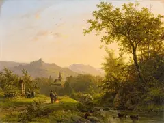 Johann Bernhard Klombeck, Landscape with a Stream at Sunset, Oil on panel