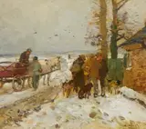 Hugo Mühlig, A Winter Landscape with Hunters