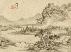 Dai Xi, Mountain landscape with small settlement on the river., Mountain landscape with small settlement on the river. Album leaf. Ink on paper. Inscription, inscribed Chunshi and sealed Dai Xi. 19th/29th century