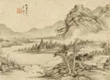 Dai Xi, Mountain landscape with small settlement on the river., Mountain landscape with small settlement on the river. Album leaf. Ink on paper. Inscription, inscribed Chunshi and sealed Dai Xi. 19th/29th century