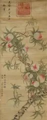 Chang Chih-wan, Peaches of longevity., Peaches of longevity. Hanging scroll. Ink and colours on silk. Inscription, dated cyclically Guangxu gengyin (1890), signed Zhang Zhiwan and two seals: Zhang Zhiwan yin und Zi Qing. Seal of Empress Cixi