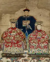 Ancestor portrait of a scholar official flanked by two women. by and Anonymous, Ancestor portrait of a scholar official flanked by two women. Hanging scroll. Ink, colours and gold on paper. 20th centu, sold Jun 2014