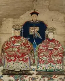and Anonymous, Ancestor portrait of a scholar official flanked by two women., Ancestor portrait of a scholar official flanked by two women. Hanging scroll. Ink, colours and gold on paper. 20th century