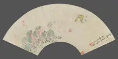 signed Menglou Wang Wenzhi and sealed Wang shi yu qing and one more seal. Fan painting. Ink and light colours on paper... Two fan paintings. (a) Butterflies and lotus. Inscription, Two fan paintings. (a) Butterflies and lotus. Inscription, signed Menglou Wang Wenzhi and sealed Wang shi yu qing and one more seal. Fan painting. Ink and light colours on paper..., Two fan paintings. (a) Butterflies and lotus. Inscription, signed Menglou Wang Wenzhi and sealed Wang shi yu qing and one more seal. Fan painting. Ink and light colours on paper. (b) Bird on flowering branch. Inscription, cyclically dated dinghai (1947), signed Xie Zhiliu and three seals. Ink and colours on paper. a)