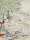 and Anonymous, Two albums with twelve paintings each depicting erotic scenes. Bound with thread., Two albums with twelve paintings each depicting erotic scenes. Bound with thread. Ink and colours on silk. 19th/20th century (2)