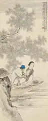 Wu He, A flute player with a lady in a boat under a full moon., A flute player with a lady in a boat under a full moon. Hanging scroll. Ink and colours on paper. Inscription, cyclically dated guihai (1923), signed and sealed Wu He. First half 20th century