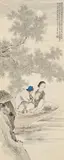 Wu He, A flute player with a lady in a boat under a full moon., A flute player with a lady in a boat under a full moon. Hanging scroll. Ink and colours on paper. Inscription, cyclically dated guihai (1923), signed and sealed Wu He. First half 20th century