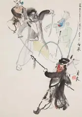 Guan Liang, Four Peking opera actors., Four Peking opera actors. Ink and light colours on paper. Inscribed, dated 1957, signed and sealed Guan Liang